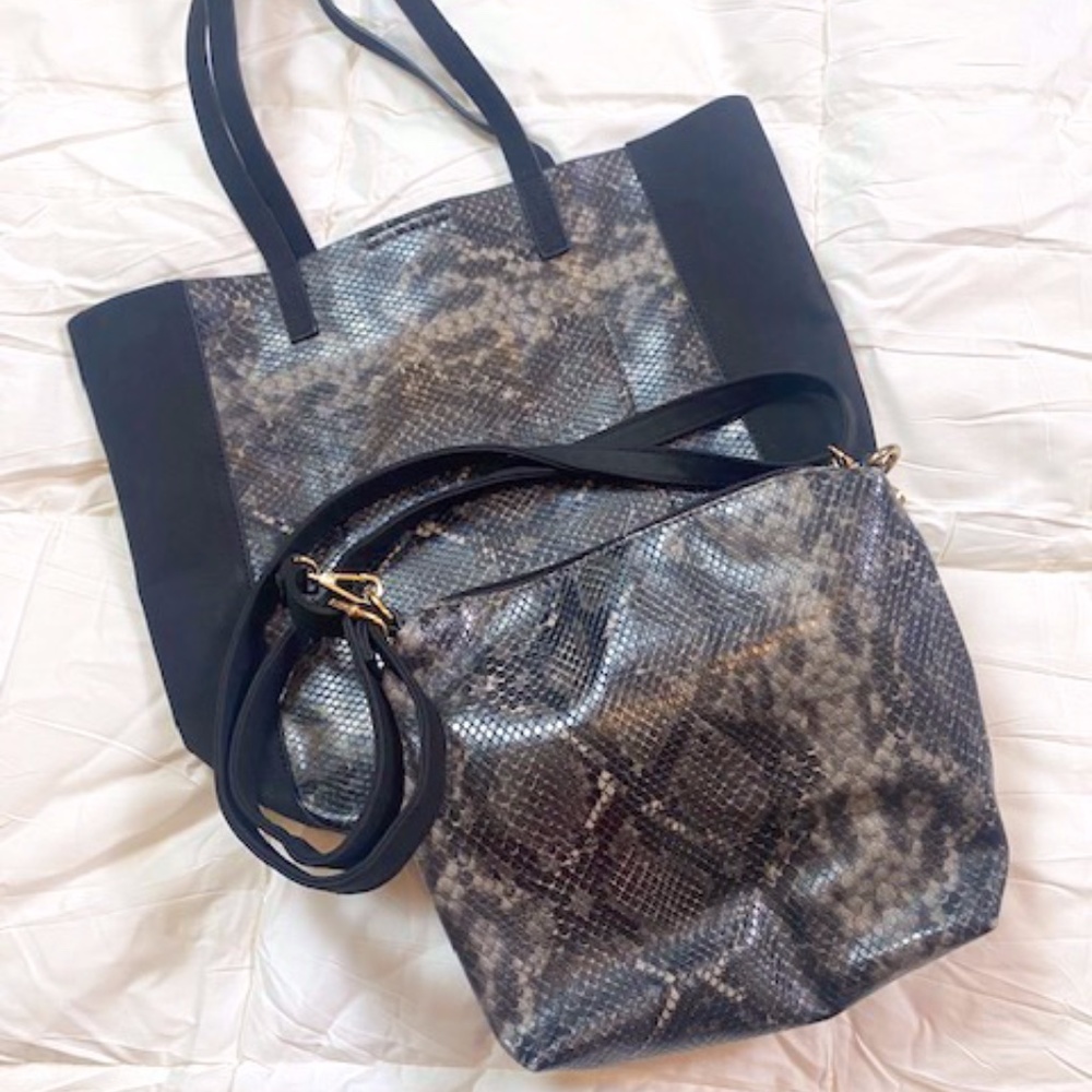 Faux Leather Snake Print Shoulder Tote Bag Set